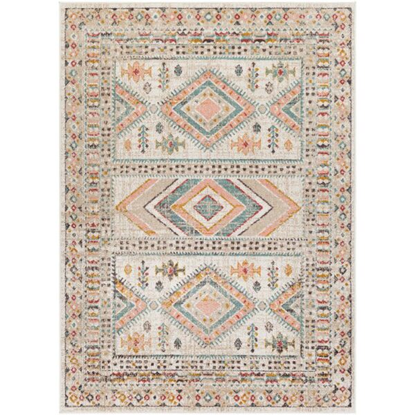 Tapis à motifs géométriques et floraux colorés.