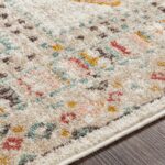 Tapis coloré à motifs géométriques sur plancher en bois.