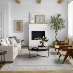 Salon moderne avec cheminée et décoration épurée.