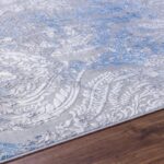 Tapis motifs bleus et gris sur parquet.