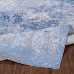 Tapis motifs bleus et gris sur plancher en bois.
