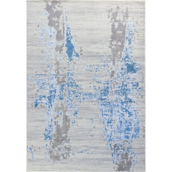 Tapis moderne gris et bleu au design abstrait.