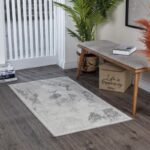 Tapis moderne salon, déco intérieure, banc bois, plante verte.