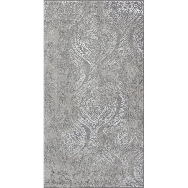 Tapis gris élégant avec motifs damassés.