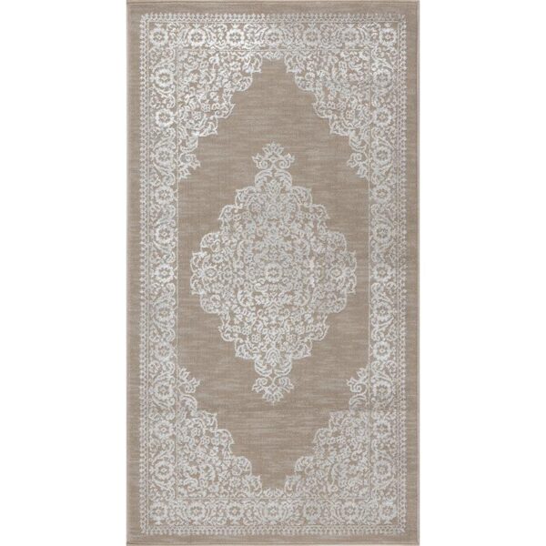 Tapis élégant à motifs dentelle beige.