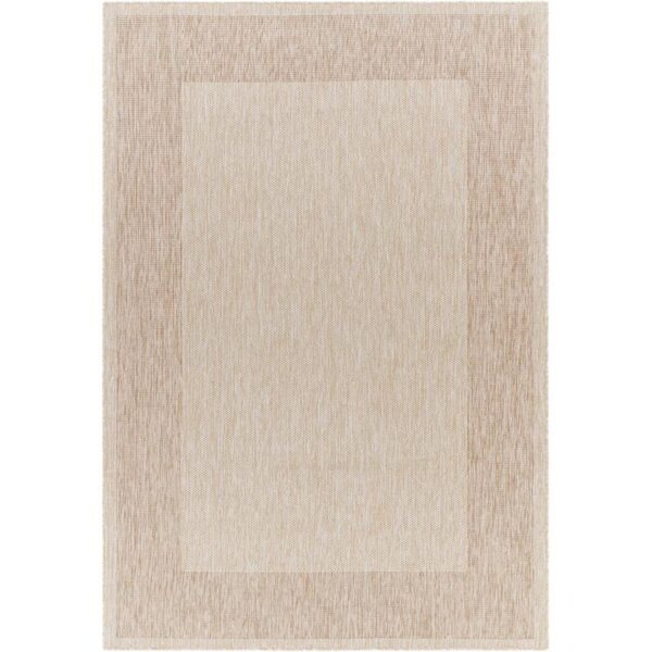 Tapis beige à bordure texturée.