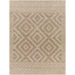 Tapis beige à motifs géométriques traditionnels.