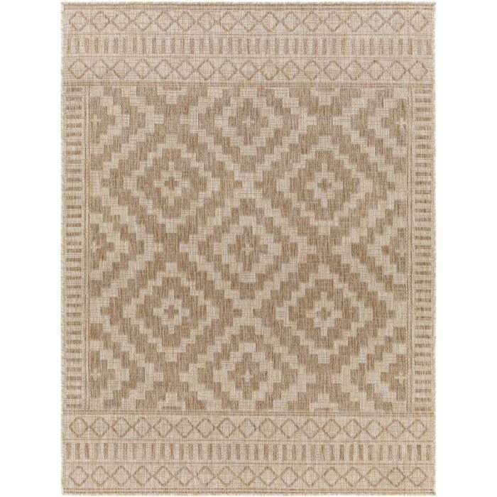 Tapis beige à motifs géométriques traditionnels.