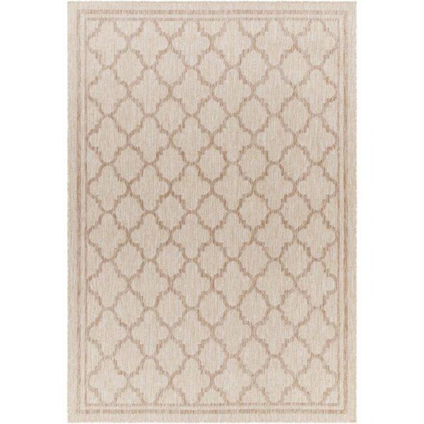 Tapis beige motifs géométriques élégants.